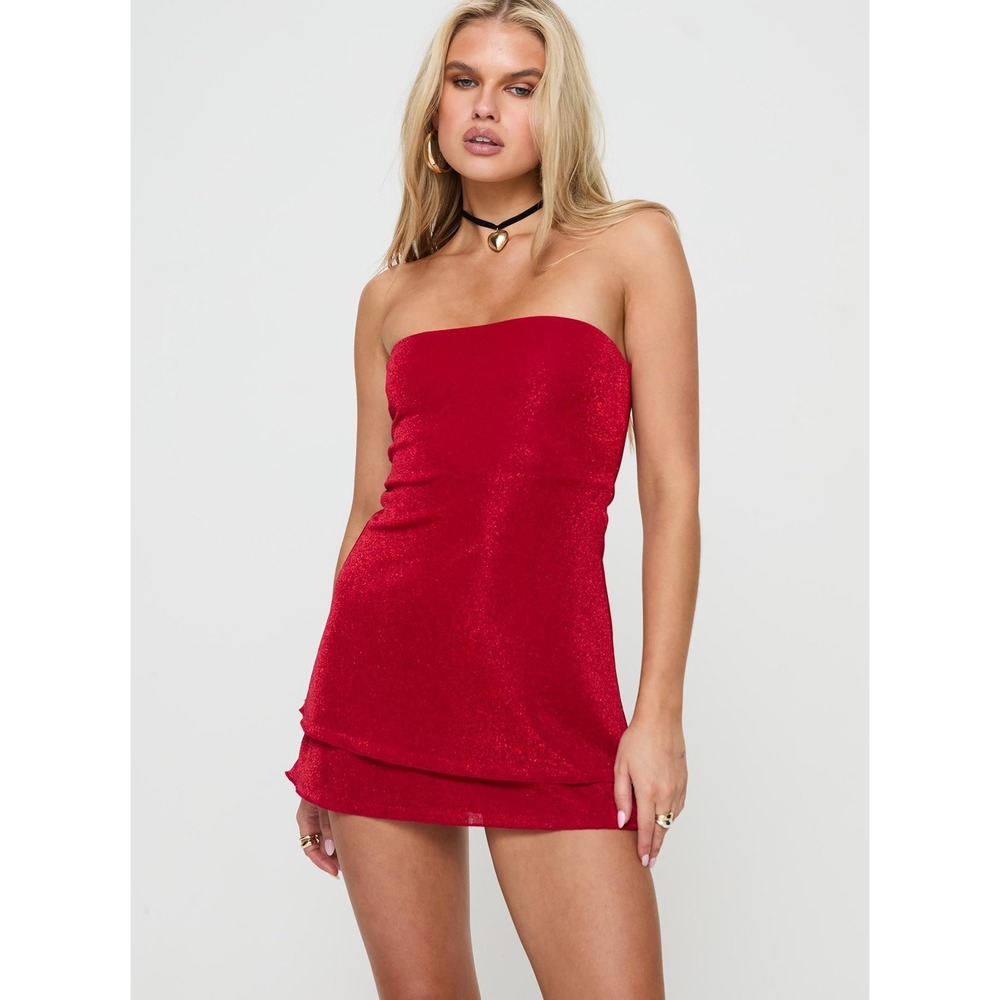 NWT Princess Polly Carette Strapless Mini Dress Metallic Layered Hem Red Size 2